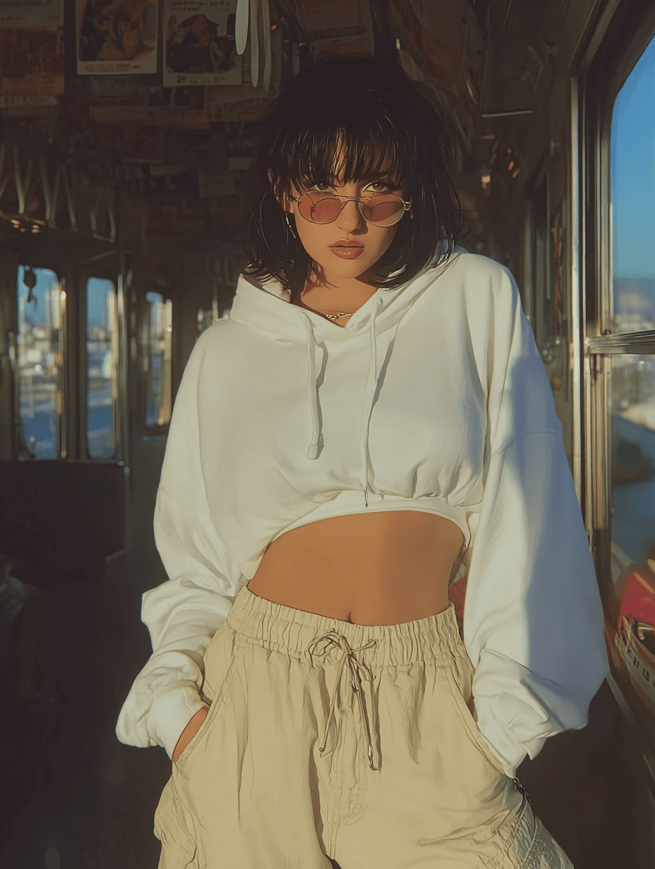 A woman wearing a cropped white hoodie, beige cargo pants, and round sunglasses stands confidently inside a sunlit train, with warm light casting dramatic shadows through the windows.