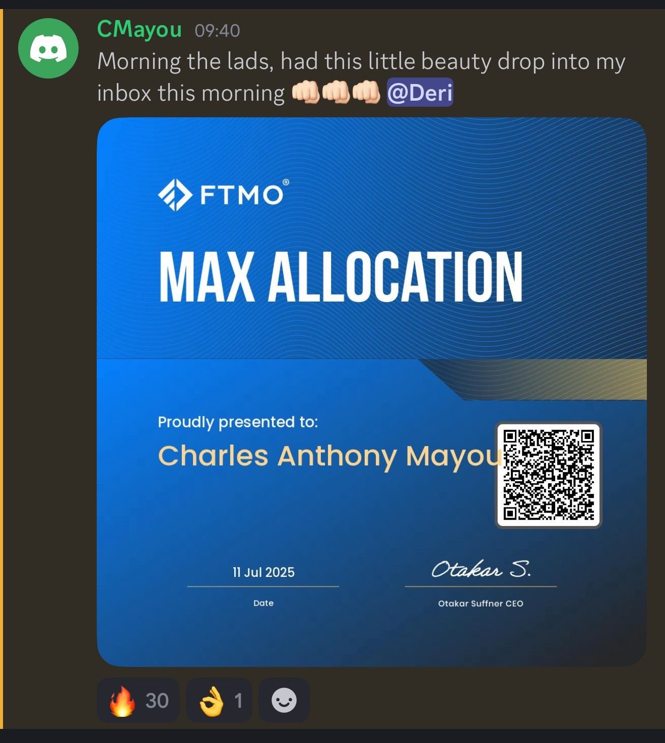 FTMO Max Allocation funding certificate awarded to Evo X member Charles Anthony Mayou