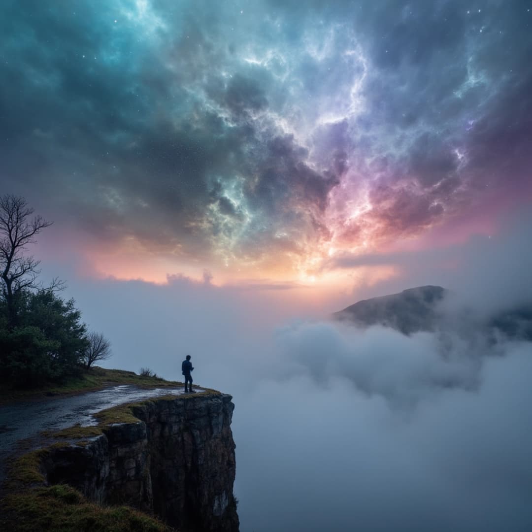 eine person steht vor einer klippe, vor der person sind viele wolken