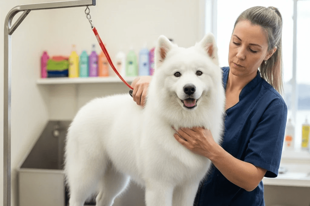 A female dog groomer grooming a white dog