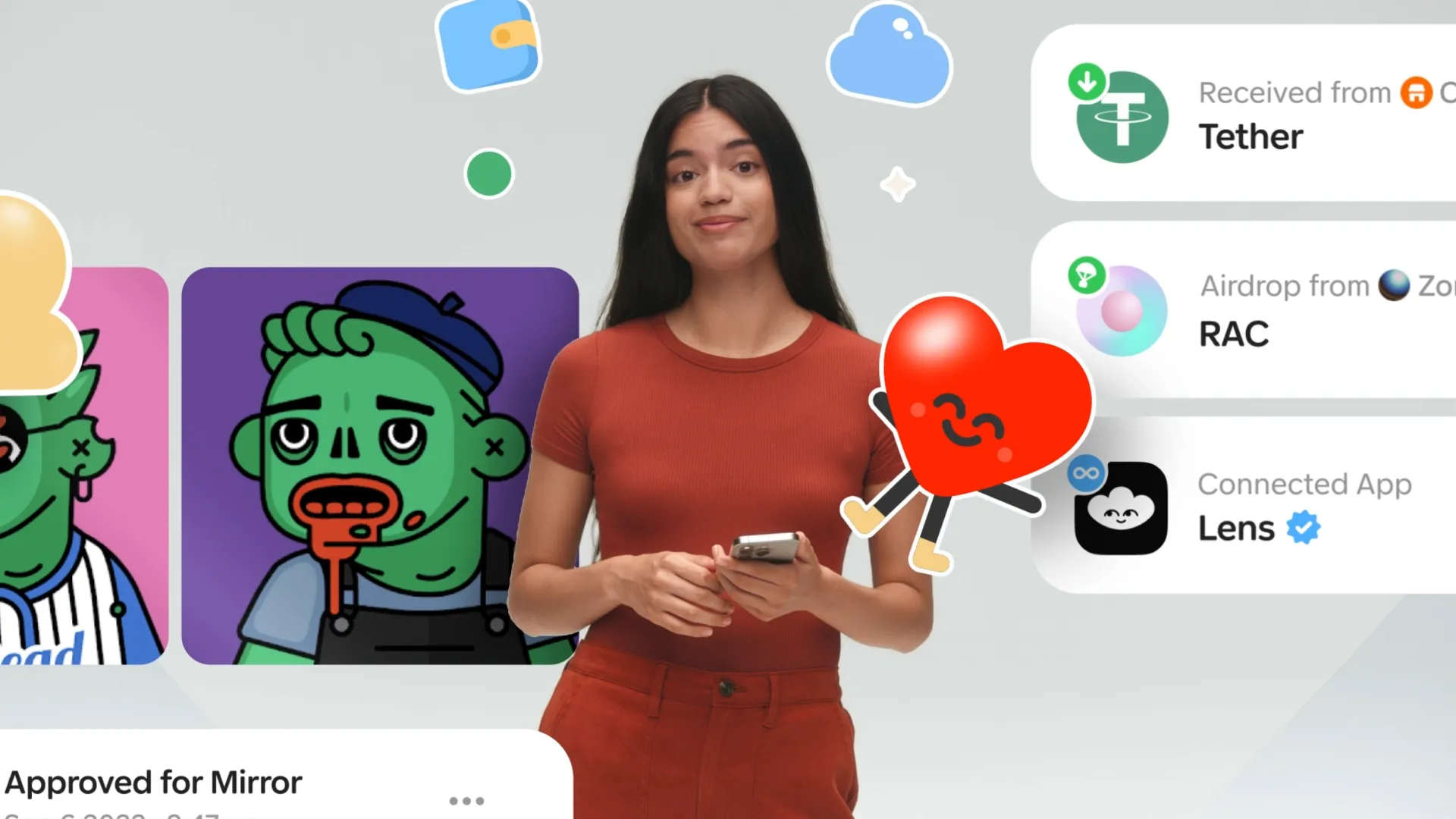 Two colorful spheres connected by a looping line on a purple to yellow gradient background, representing movement or interaction.