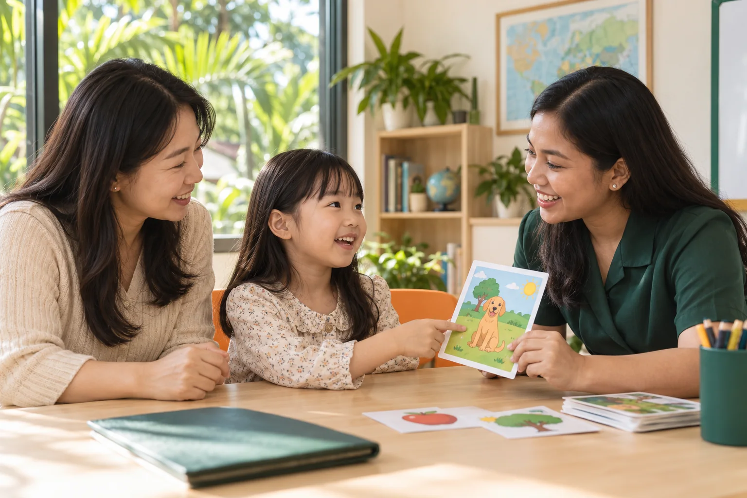 A Korean mother and child learning English with a Filipino woman teacher