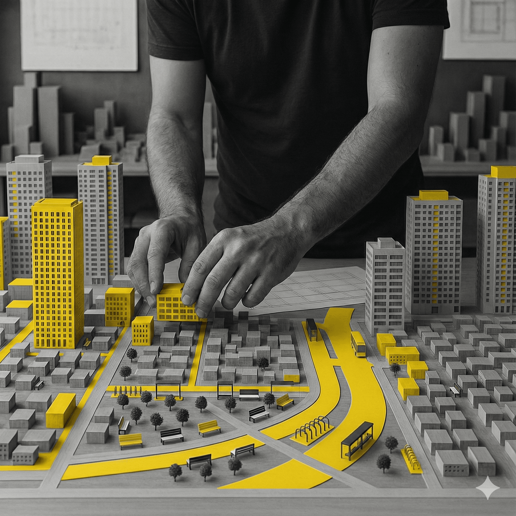 A man with some model buildings