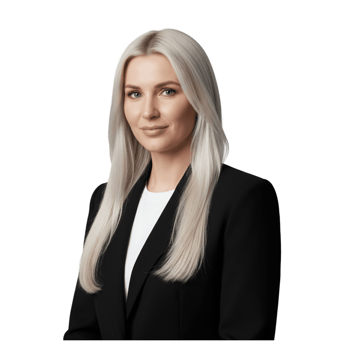Blonde woman in a black blazer and white shirt, looking at the camera with a neutral expression.