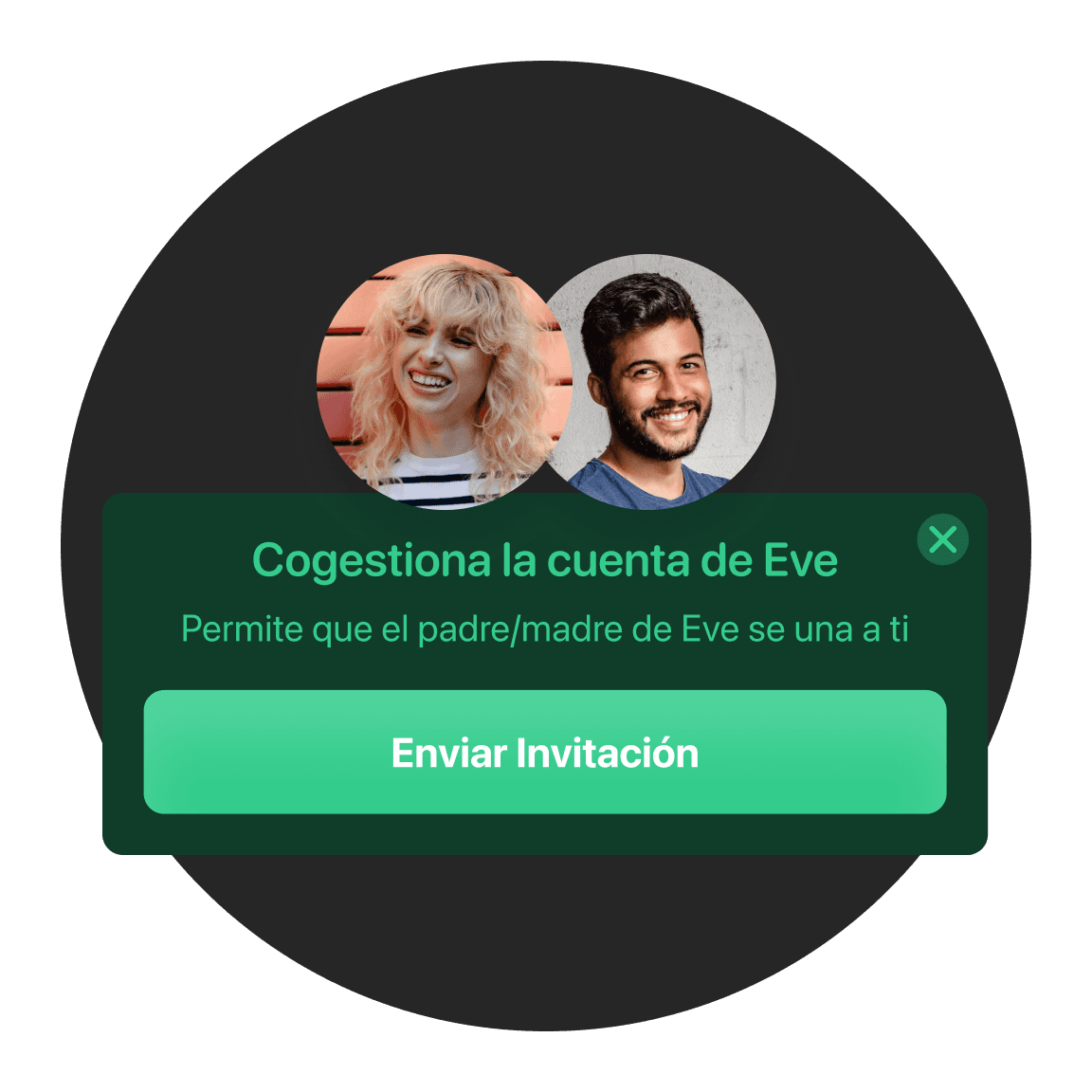 Interfaz de usuario que muestra dos fotos de perfil con un mensaje para gestionar una cuenta y un botón verde que dice "Restaurar".