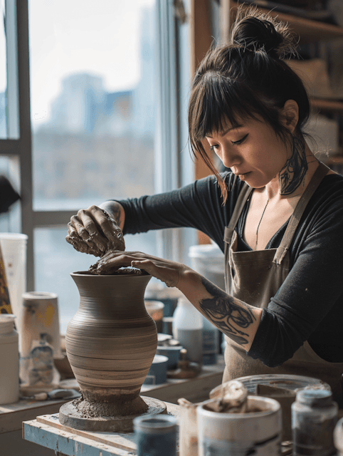 Asian woman with tattoos crafting a clay pot on a pottery wheel, surrounded by pottery tools in a sunlit studio.