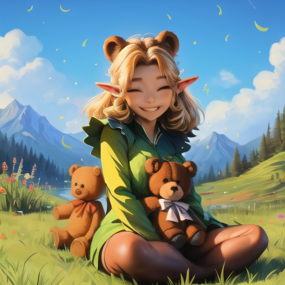 cute elven girl sitting on a meadow with teddy bears