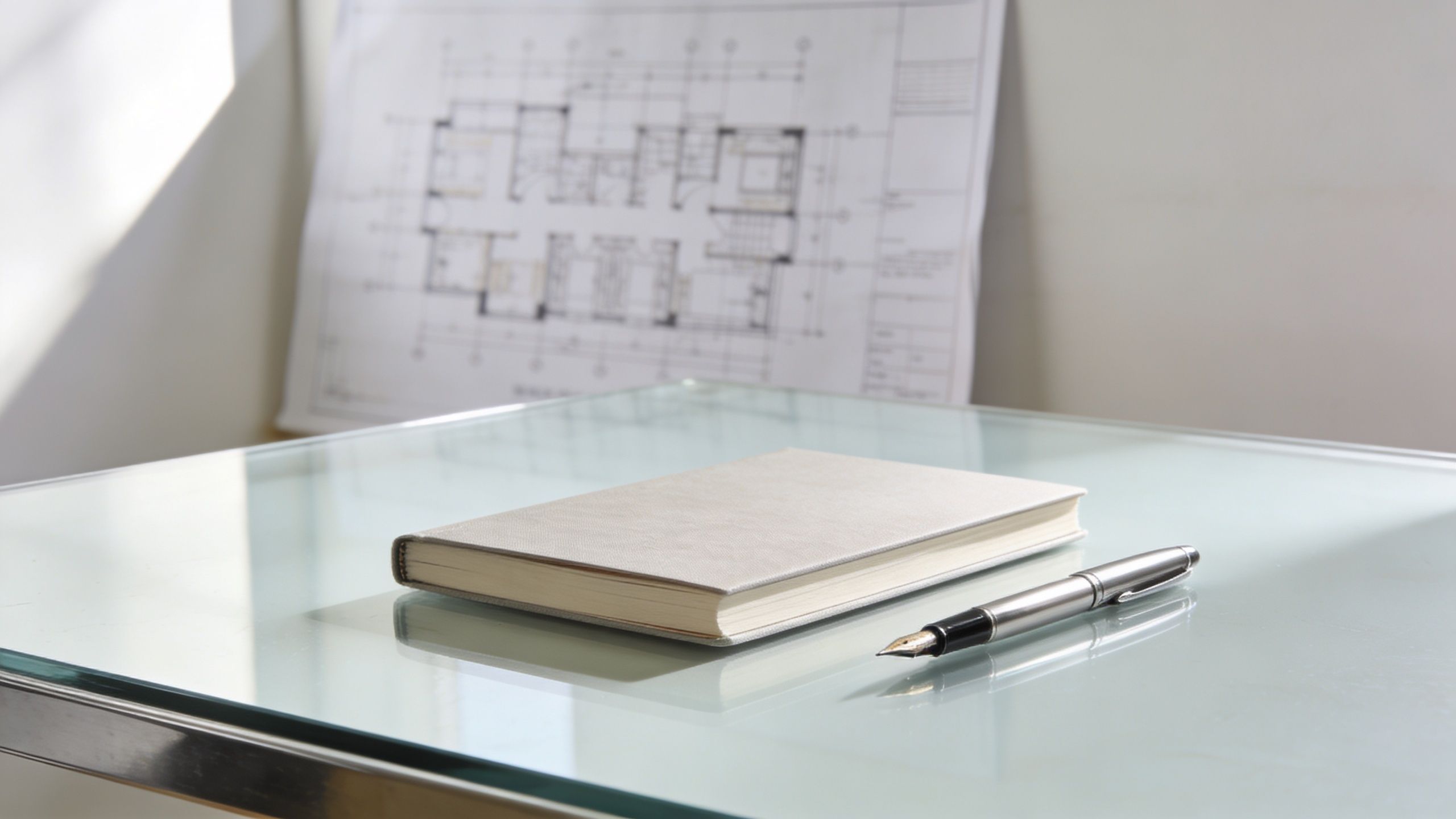 A minimalist workspace featuring a closed grey notebook and a fountain pen on a glass desk.