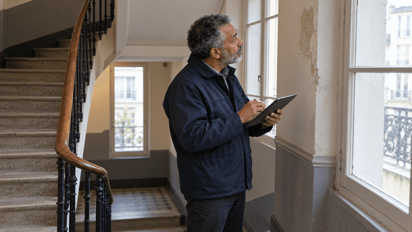 Un intervenant examine une zone de plâtre abîmé dans l’escalier commun d’un immeuble.