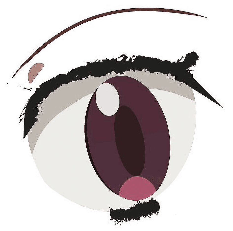 An illustration of a single large anime-style eye, featuring a dark maroon iris, white highlights, and bold black lines defining the eyelid and eyebrow.