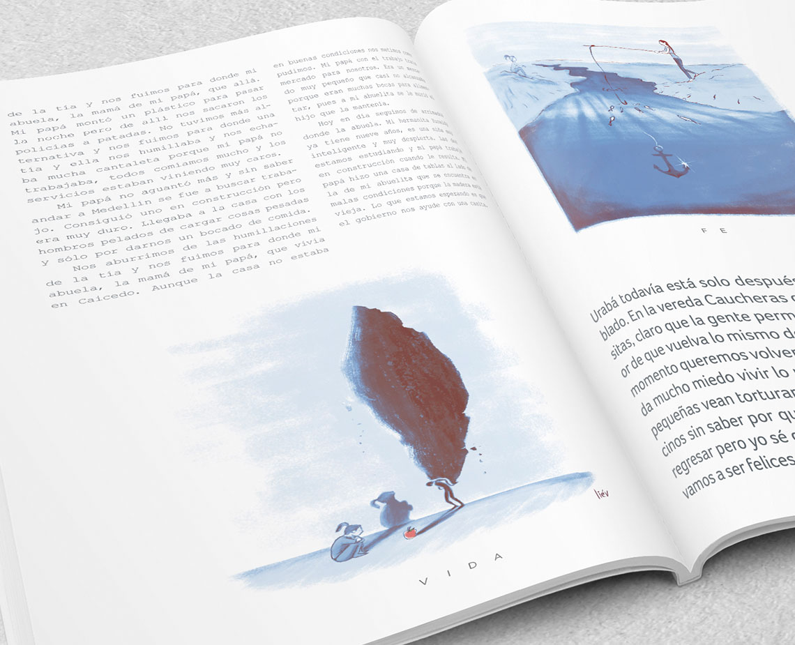 The image shows an open book resting on a light gray surface. The left page contains text in a language other than English, printed in black ink on a white background. The right page features a watercolor illustration in shades of blue and gray. The illustration depicts a person pulling a large, dark brown leaf on a string, with a small figure seated on a rock below. The word "VIDA" is printed in white letters at the bottom of the page. The book is positioned at a slight angle.
