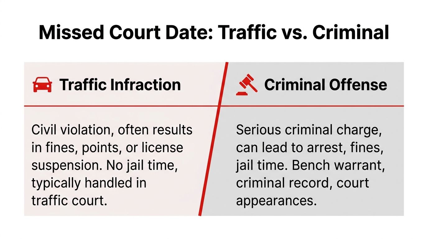 A comparison chart outlining the legal consequences of missing a court date for traffic versus criminal offenses.