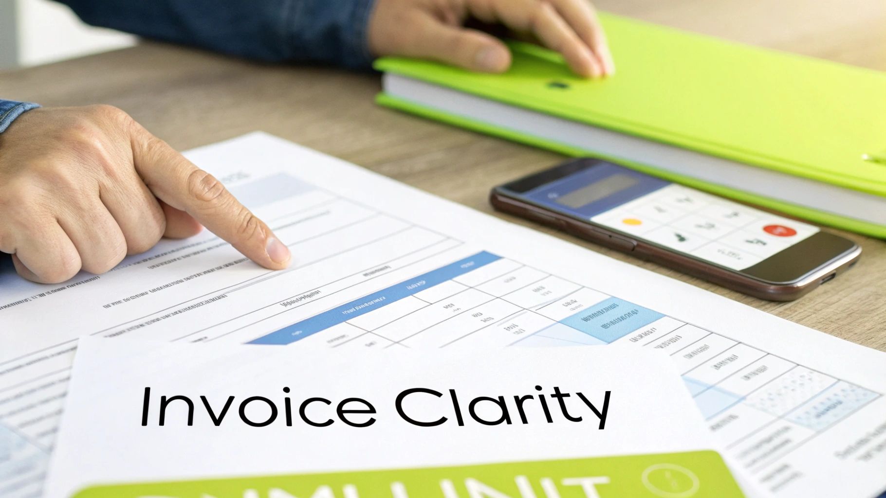 A person's hand points at an invoice or financial document, with a smartphone calculator and green binder, symbolizing clarity.
