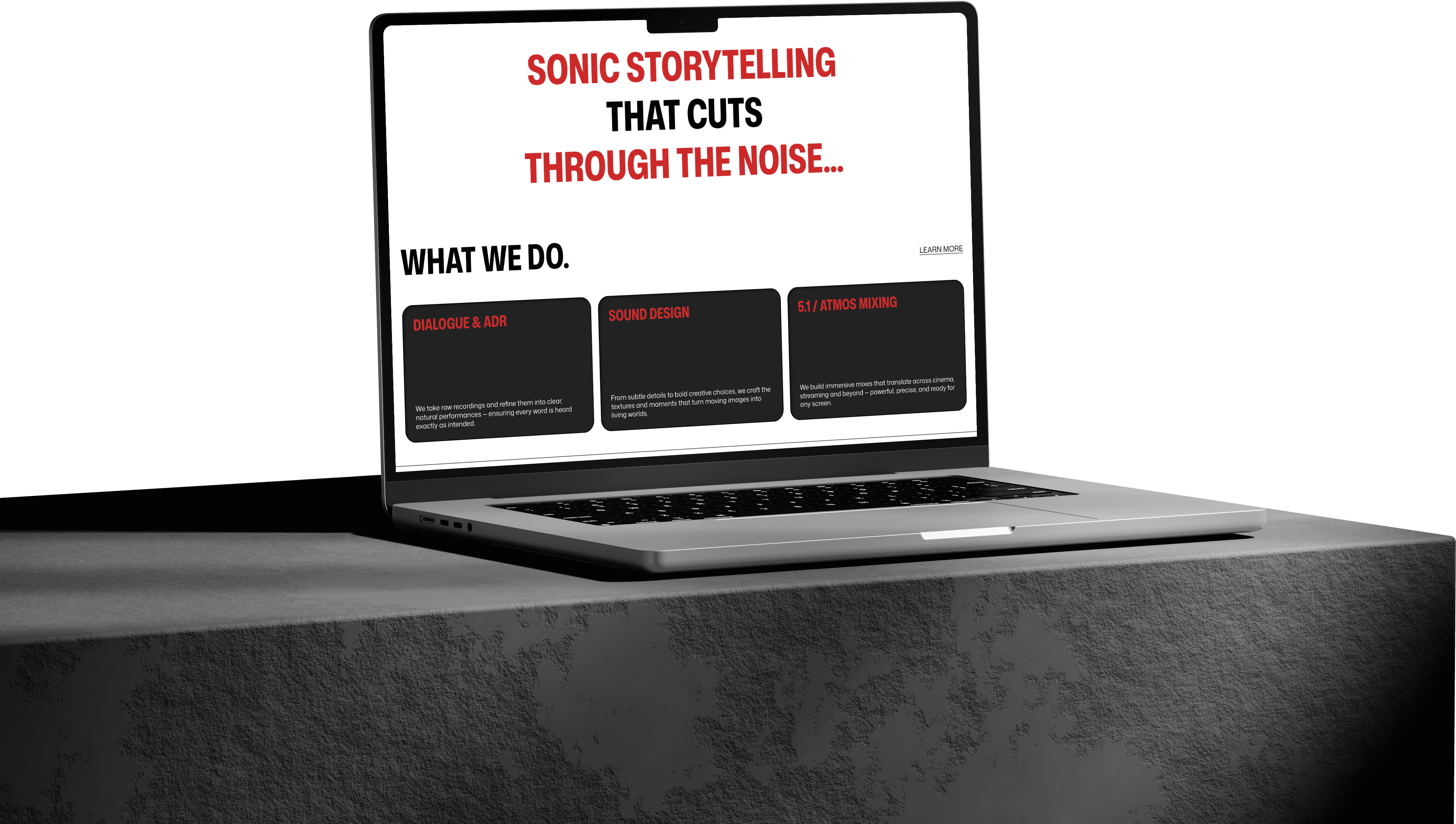 Strong taglines with subtle motion conveying brand identity.