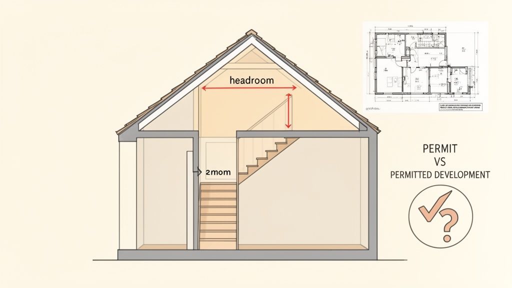 Cross-section diagram of a house showing attic conversion, stairs, and headroom, with a floor plan and permit details.