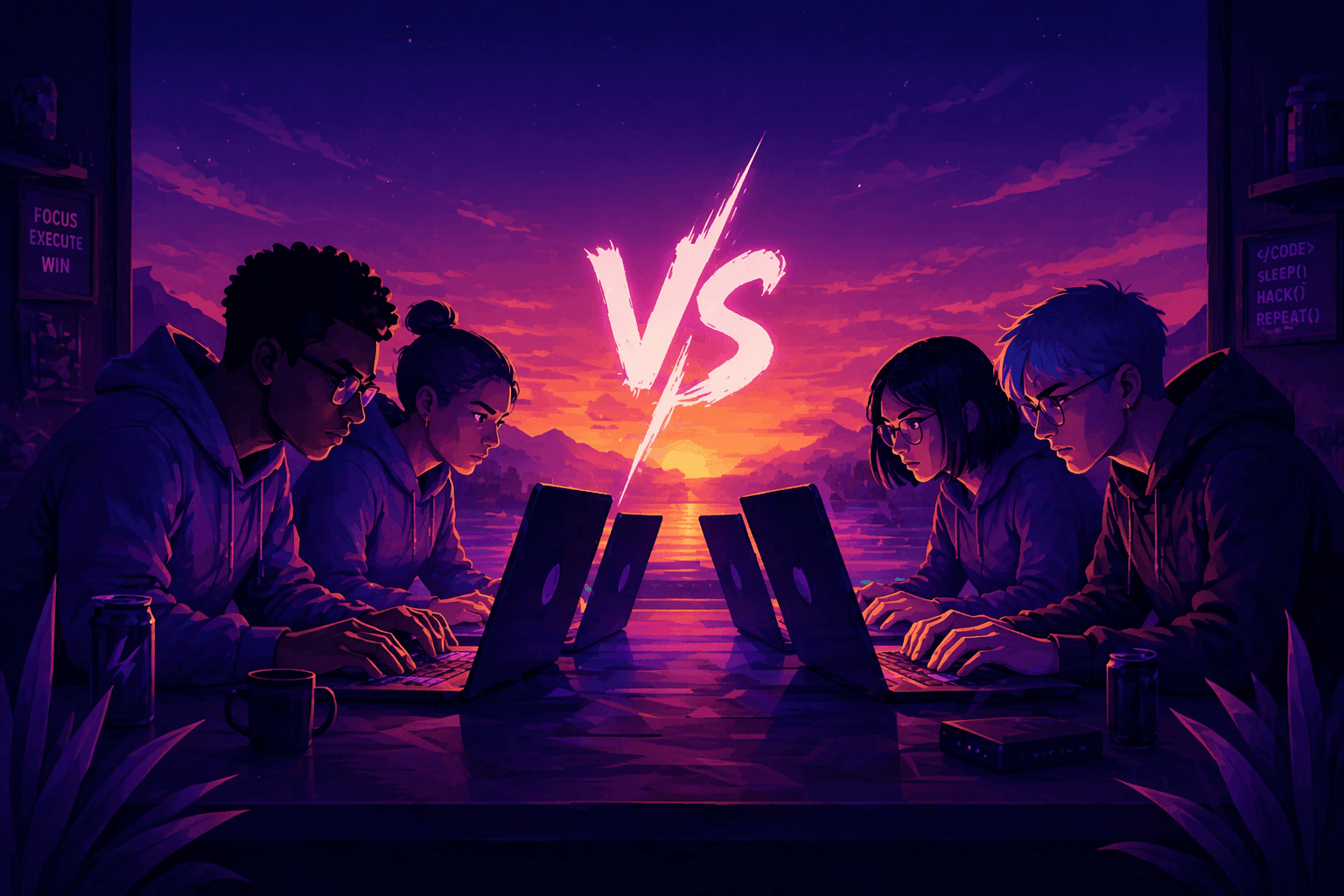 4 students looking at a glowing tablet, illustrative