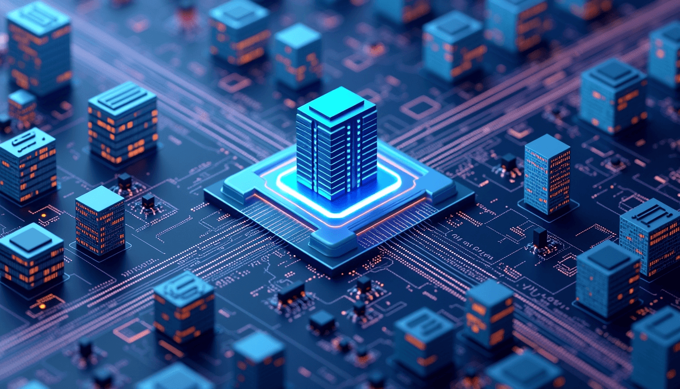 Isometric view of a cityscape where buildings are computer chips and servers, connected by data streams representing APIs