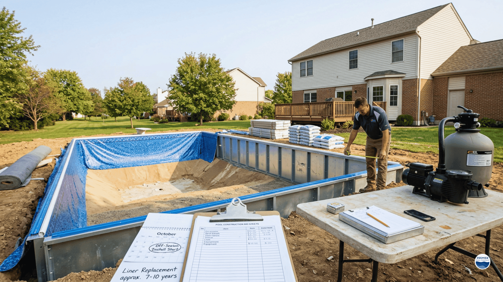 Vinyl liner pool installation in a suburban backyard with exposed steel walls, blue liner, contractor measuring site costs, and pool equipment staged nearby.
