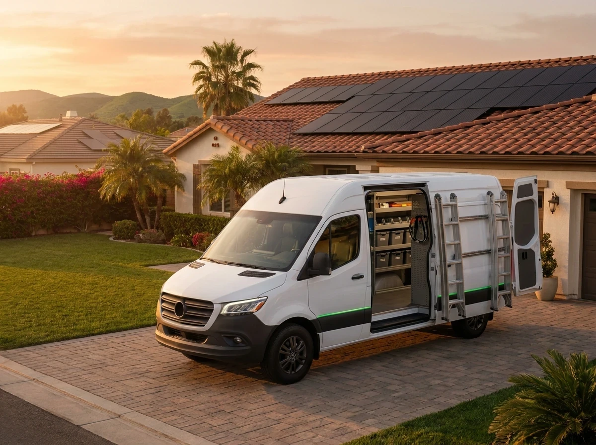 Option One Solar service van in the driveway of a Southern California home at sunset