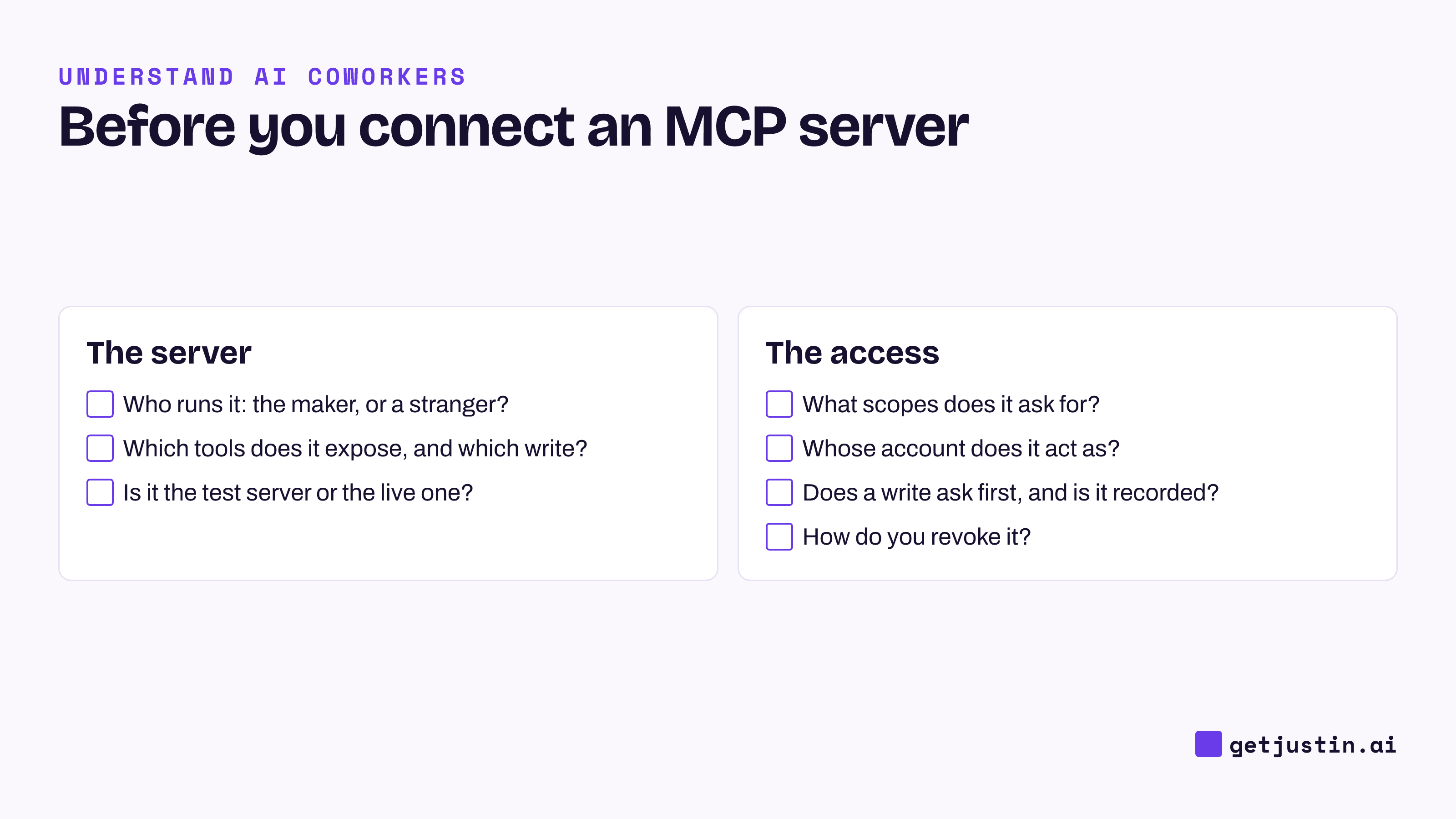 Checklist of seven questions to answer before connecting an MCP server, grouped into the server and the access