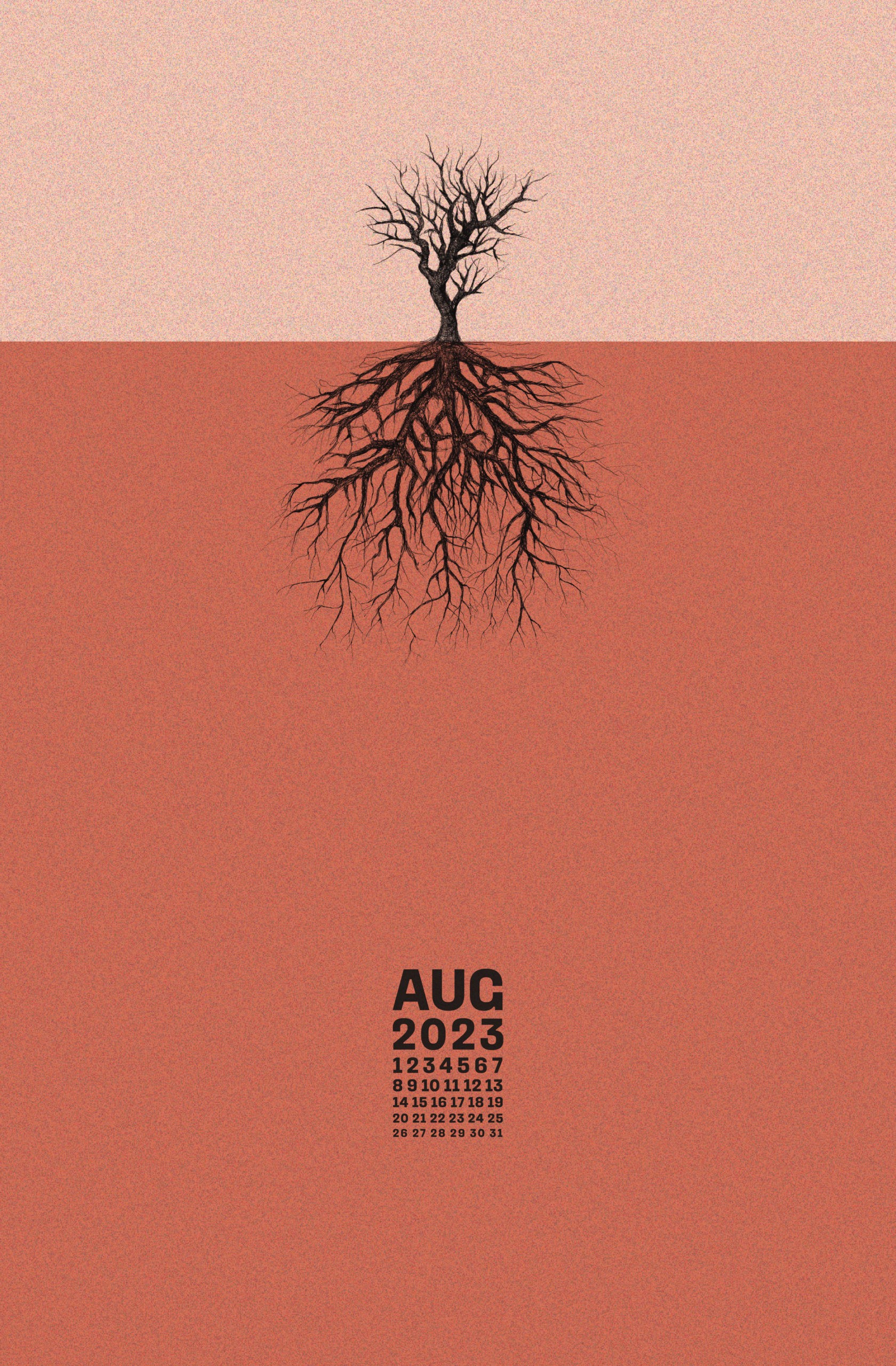 Poster with August 2023 and days of the month, on a pastel orange with a tree on a bright orange only with branches and the roots on the darker orange