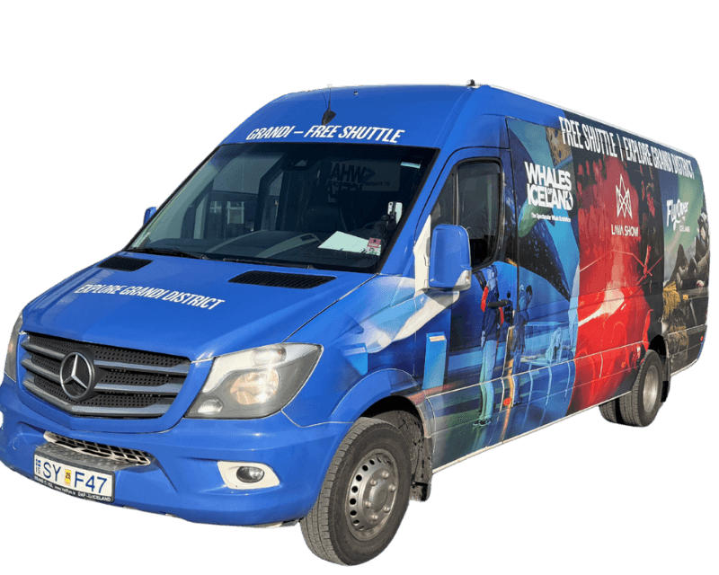 Blue Free Grandi Shuttle bus in Reykjavík connecting downtown to the Grandi District, including attractions like Lava Show, FlyOver Iceland, and Whales of Iceland—easy transport for things to do in Reykjavik.