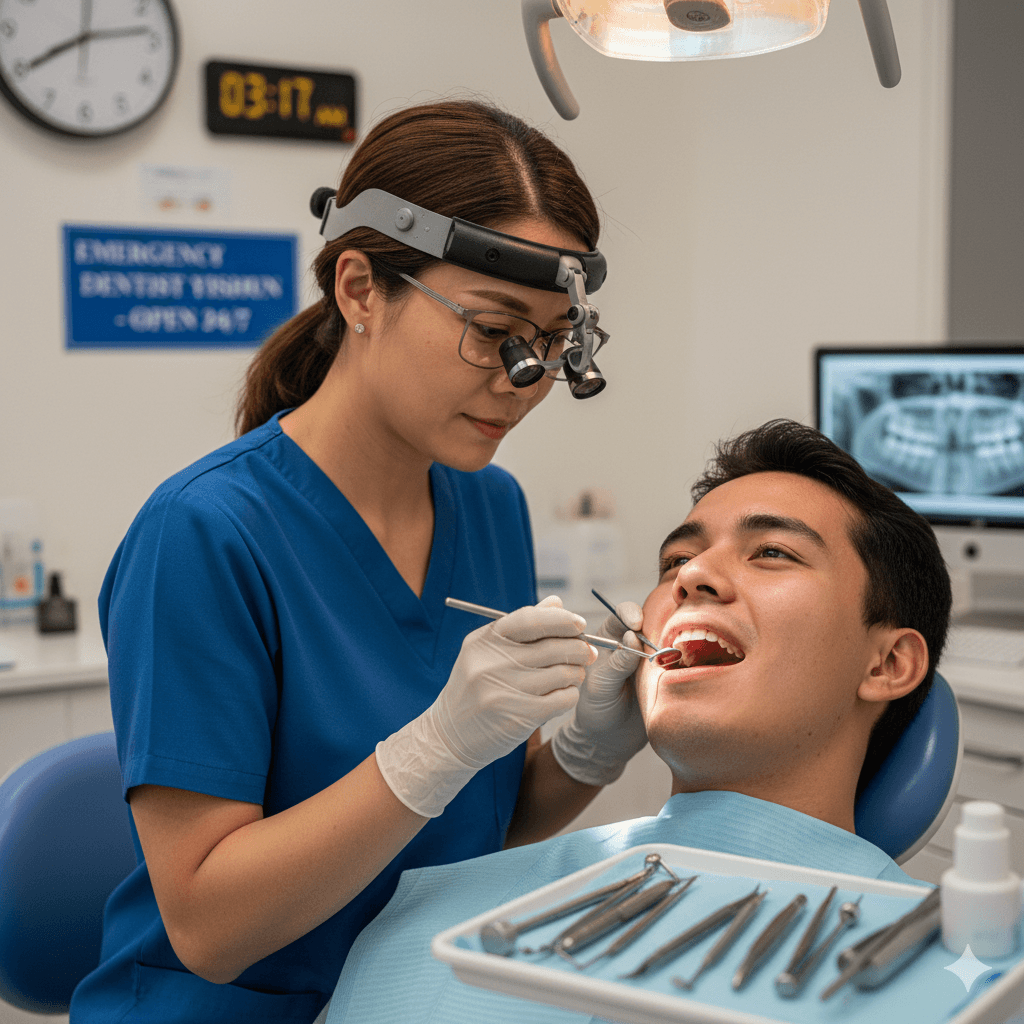 A dentist in blue scrubs examines a patient's teeth under bright dental lights, with a sign indicating emergency dental services available 24/7 in Yishun visible in the background.