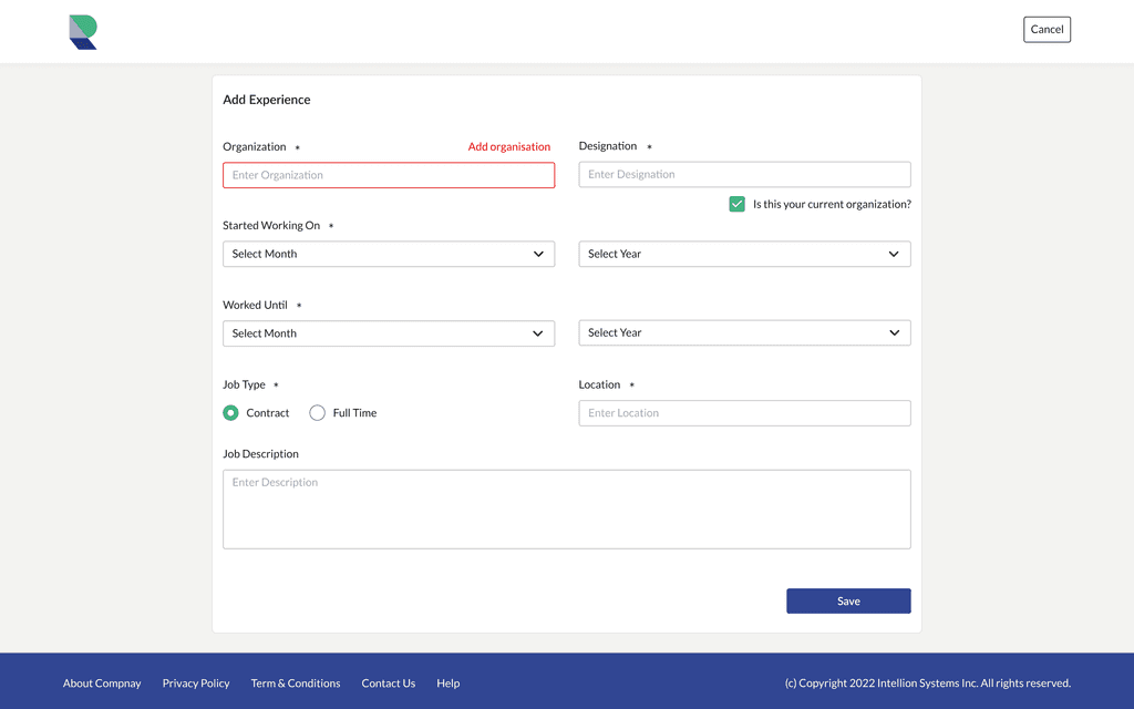 Old Add experience form page prompting for organization name, designation, start and end dates, job type, location, and a job description field. The form includes checkboxes for current organization and job type selection.