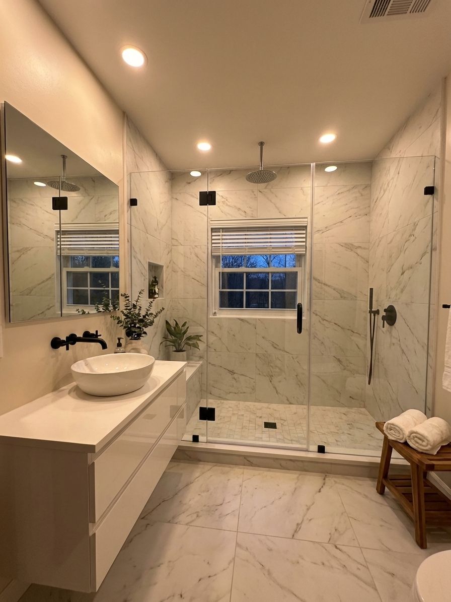 Small bathroom renovated with white marble tile and glass shower by AI