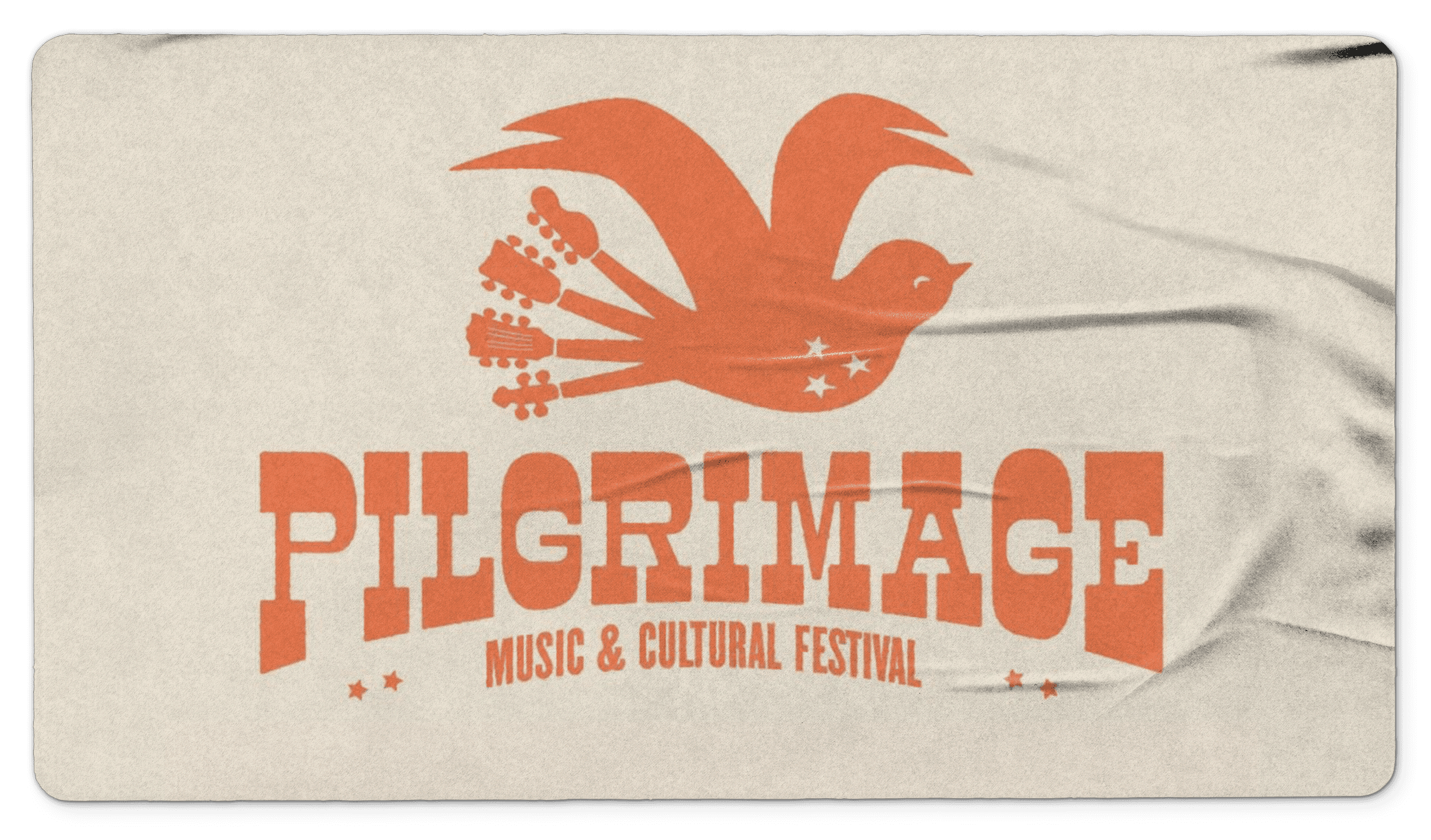 Logo for "Pilgrimage" in orange, featuring a stylized bird design above the text on a light background.
