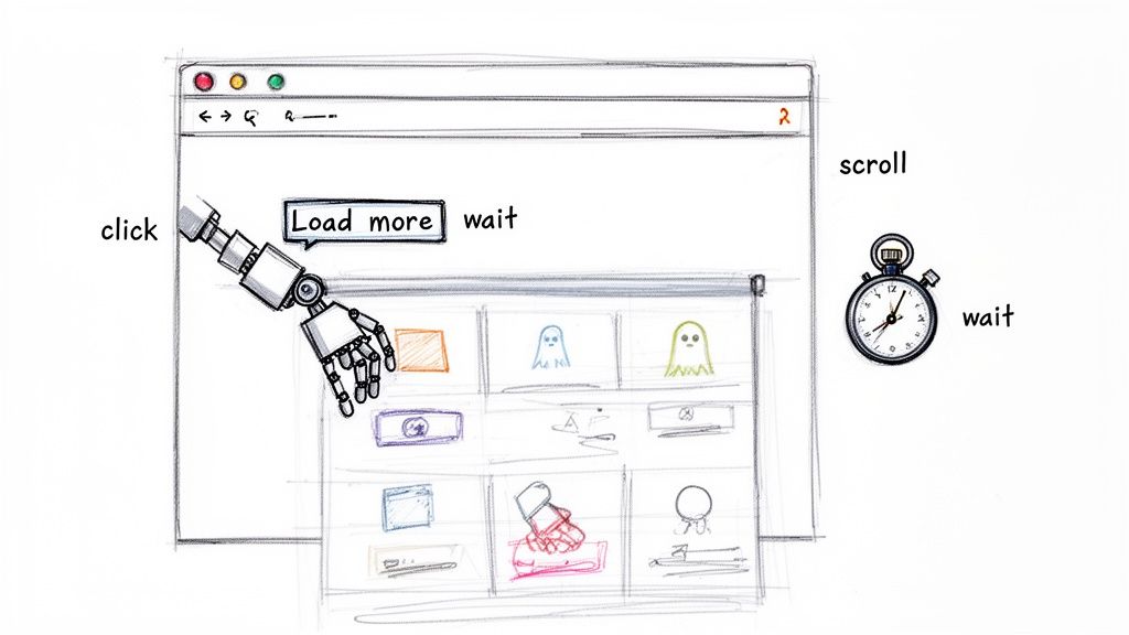 Robotic arm clicks 'Load more' button on a website, showing automated web scraping process with wait times.