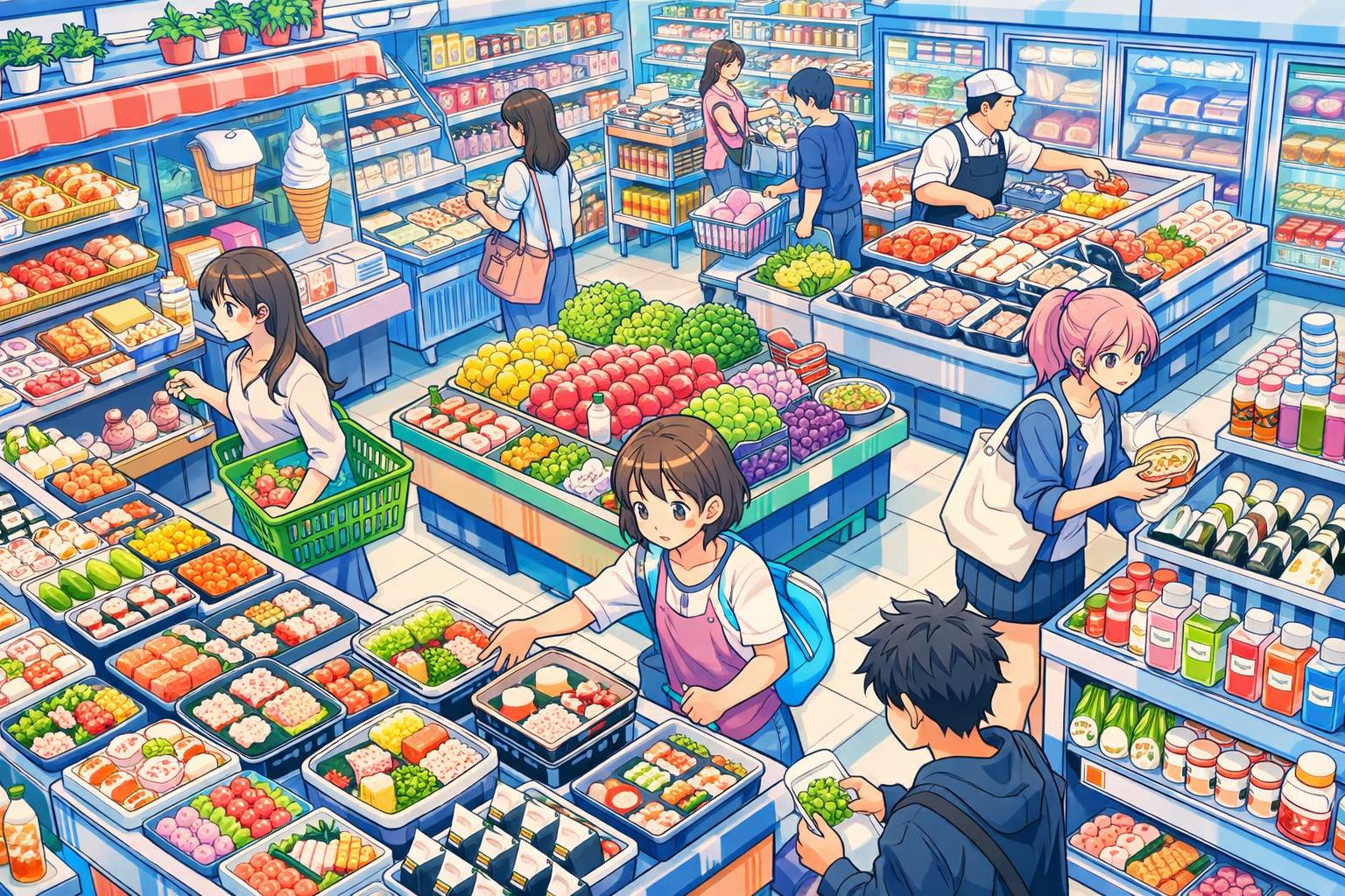 Create a highly detailed anime-style illustrated scene with manga art direction of a bustling supermarket at lunchtime