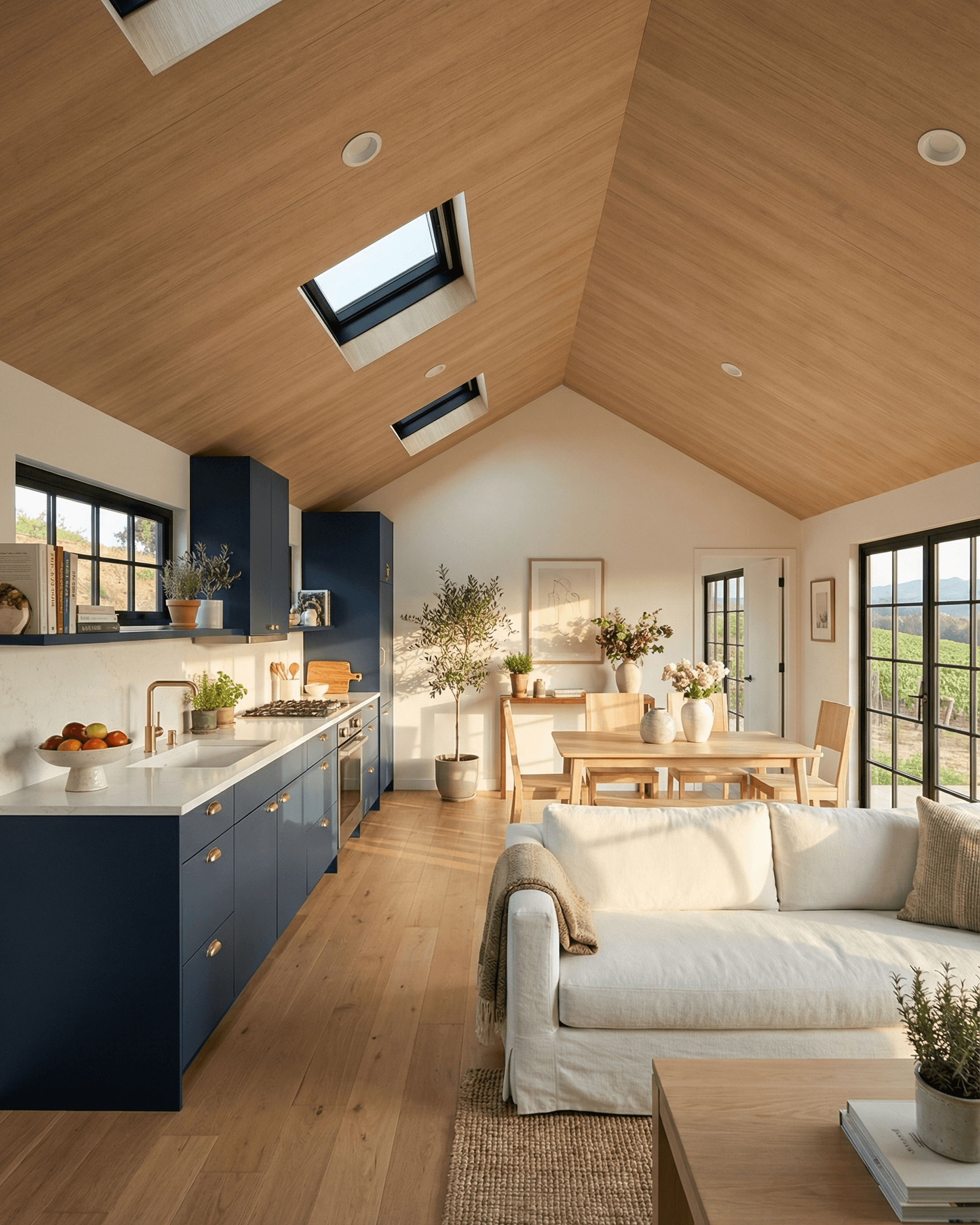 Bright open-plan cabin interior with navy kitchen cabinetry, wood dining table, white sofa, skylights, black-framed doors, and warm evening light.