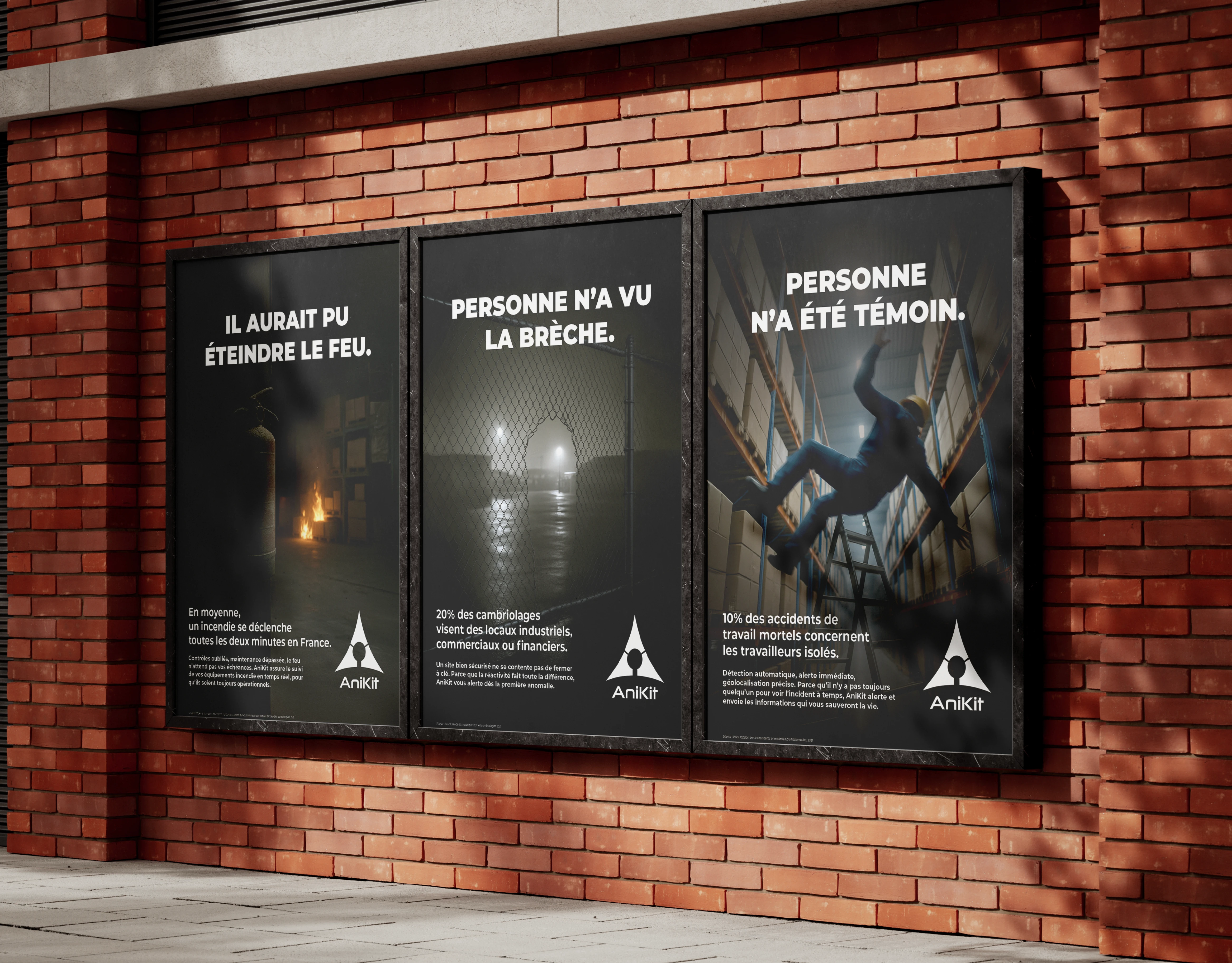 Série d'affiches AniKit sur un mur en briques, illustrant la sécurité au travail et la prévention incendie. Direction artistique réalisée à Toulouse.