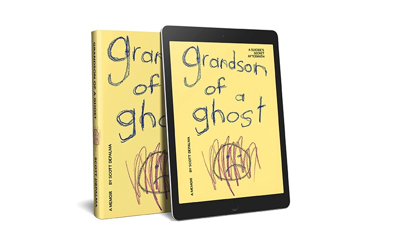 A sketch design on a yellow background with some green text and a smiley face that is scratched by some red lines. The text says Grandson of a ghost. The design is put on a books cover and on a tablet screen.