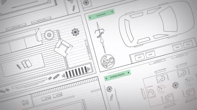 A picture of a set of blueprints representing a house and a garage with a car, all seen from above.