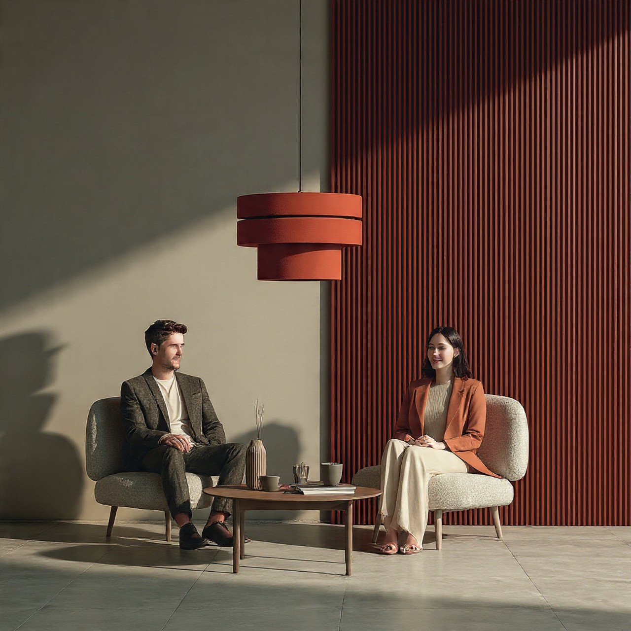 A man and woman sit on beige chairs in a modern room with a red paneled wall. A red pendant light hangs above a wooden coffee table between them.