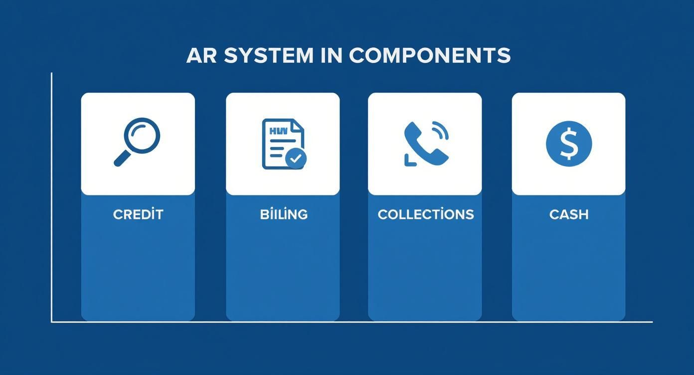 An infographic showing the four core components of an AR system: Credit, Billing, Collections, and Cash Application, each represented by a simple icon.
