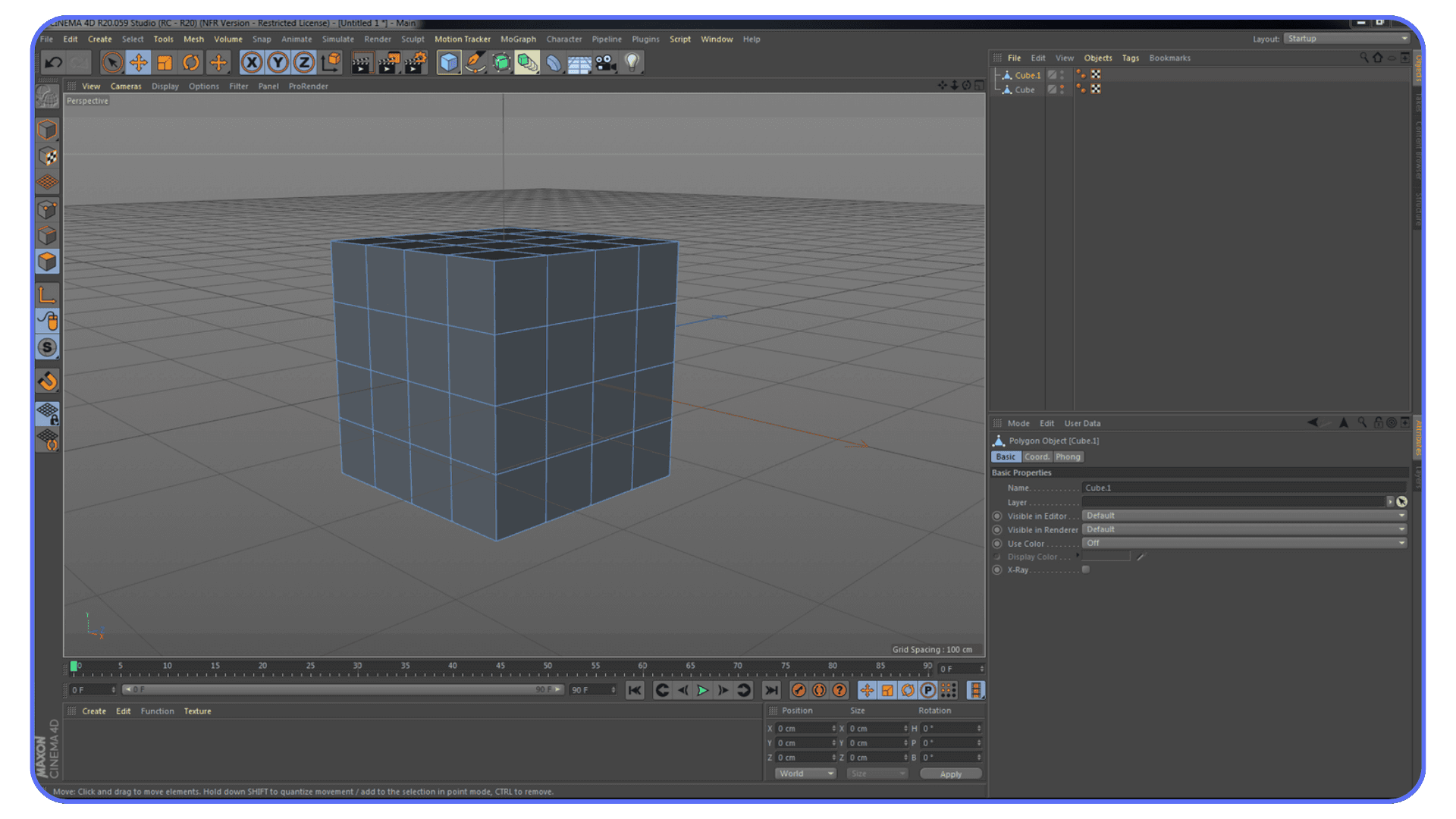 Cinema 4D polygon modeling view showing an editable cube with edge and face selections