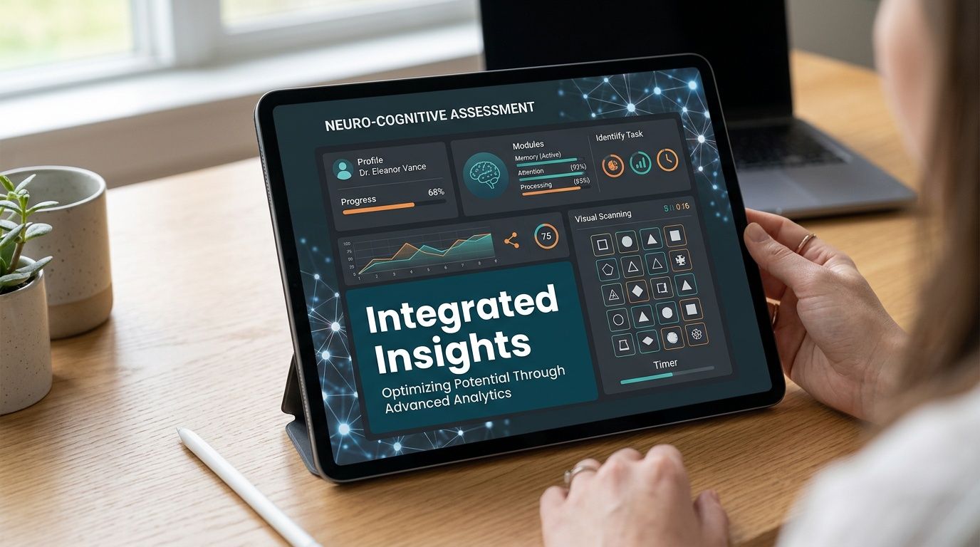 A person holding a tablet displaying a professional neuro-cognitive assessment dashboard with analytics and visual scanning tasks.