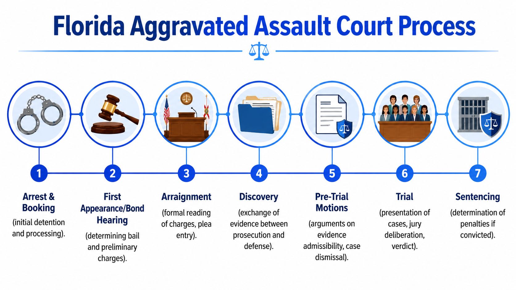 A seven-step flow chart infographic illustrating the legal court process for aggravated assault cases in Florida.