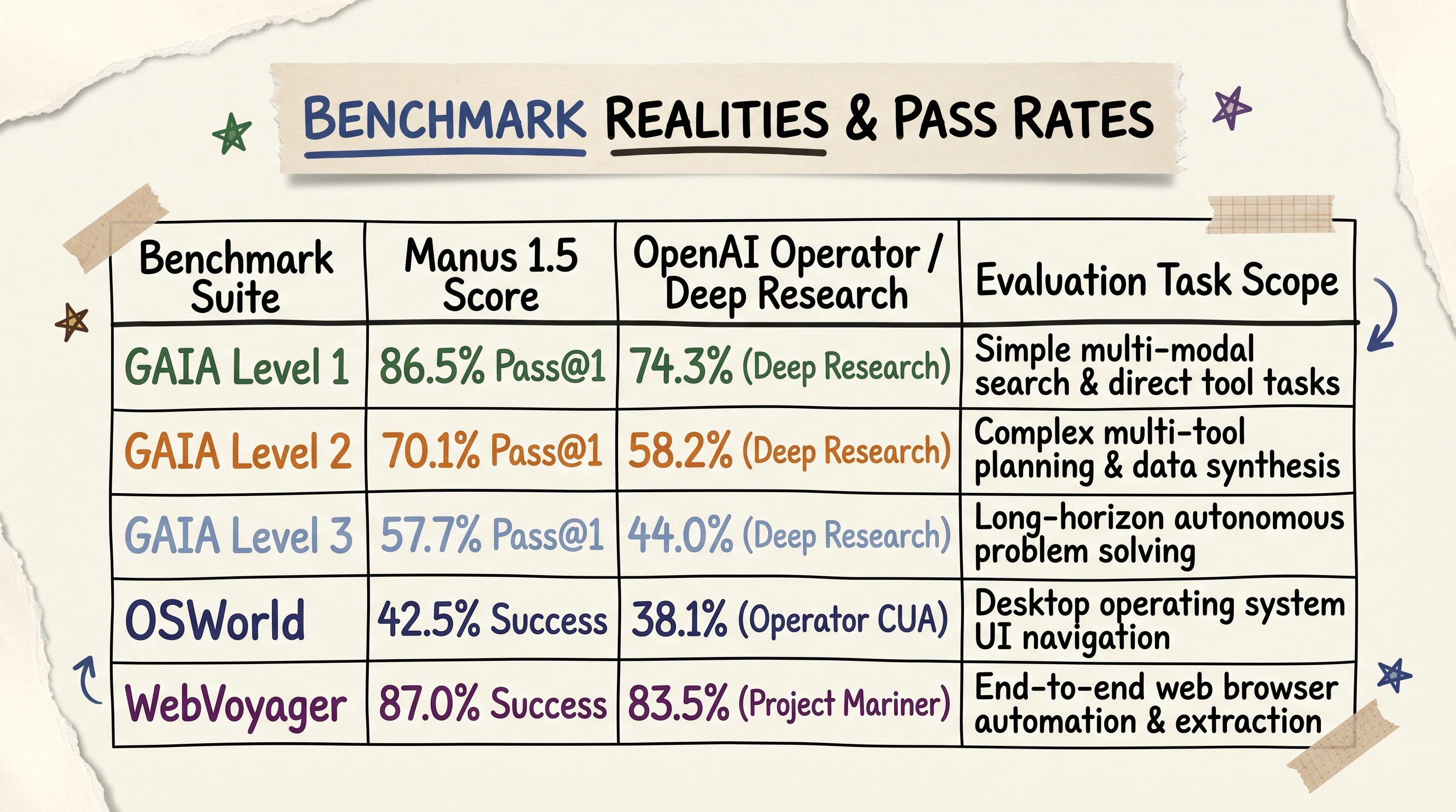 Benchmark comparison table showing GAIA Levels 1 to 3 OSWorld and WebVoyager pass rates for Manus AI and OpenAI