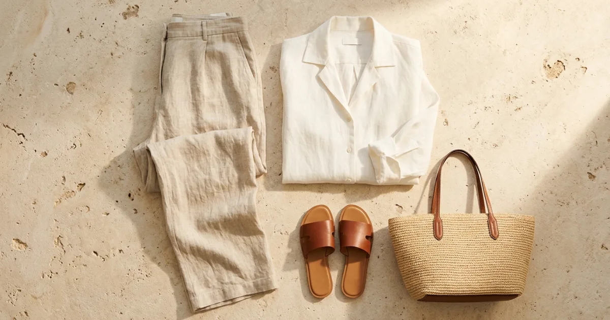 Wide-leg natural flax linen trousers, open-collar ivory linen shirt, cognac leather slide sandals, and woven raffia tote bag on a sun-washed limestone surface