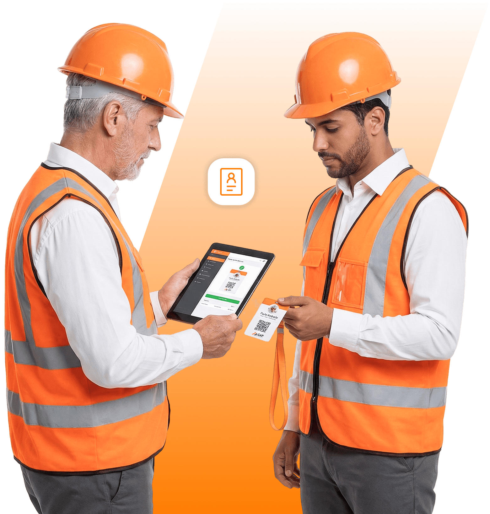 Dois profissionais de segurança sorrindo, com macacões laranja, capacetes e óculos de proteção, braços cruzados. Ao lado, o logo 'gedoc', representando a gestão documental em SSMA.