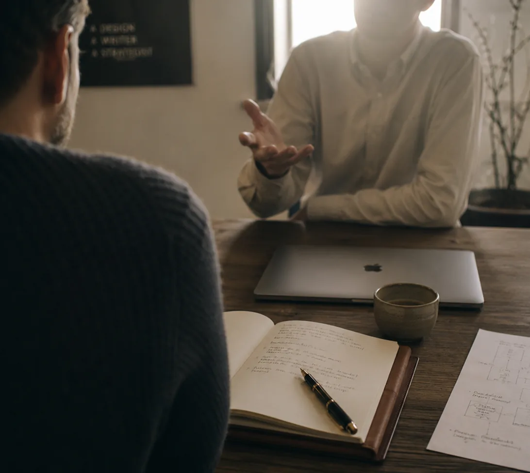 Twee personen in gesprek aan een bureau met laptop, notitieboeken en koffie