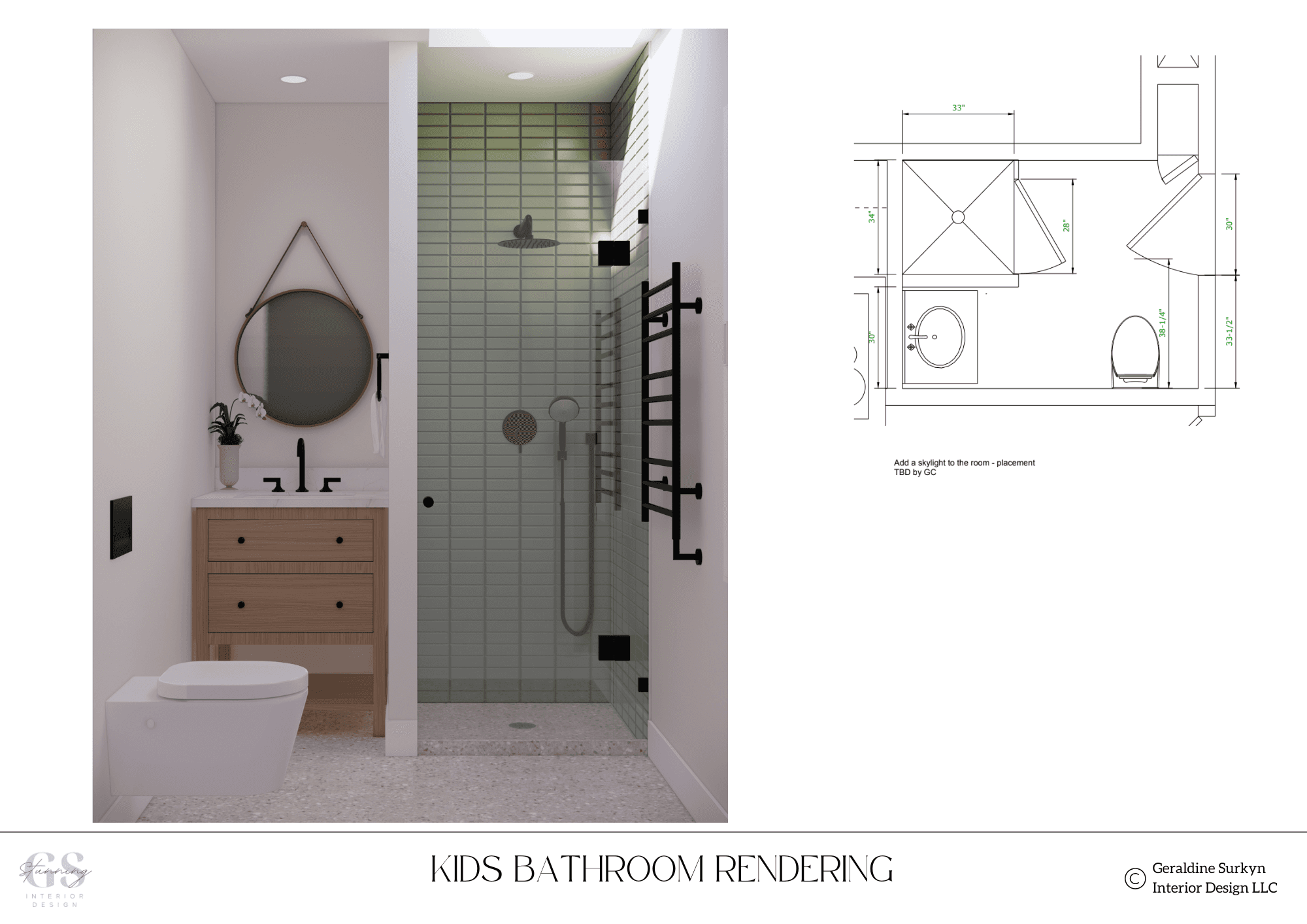 Kids bathroom floor plan beside a 3D rendering