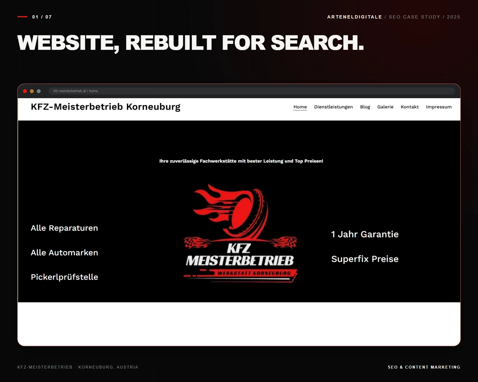 L'homepage del sito web di KFZ-Meisterbetrieb Korneuburg presentata all'interno di un mockup di browser scuro.