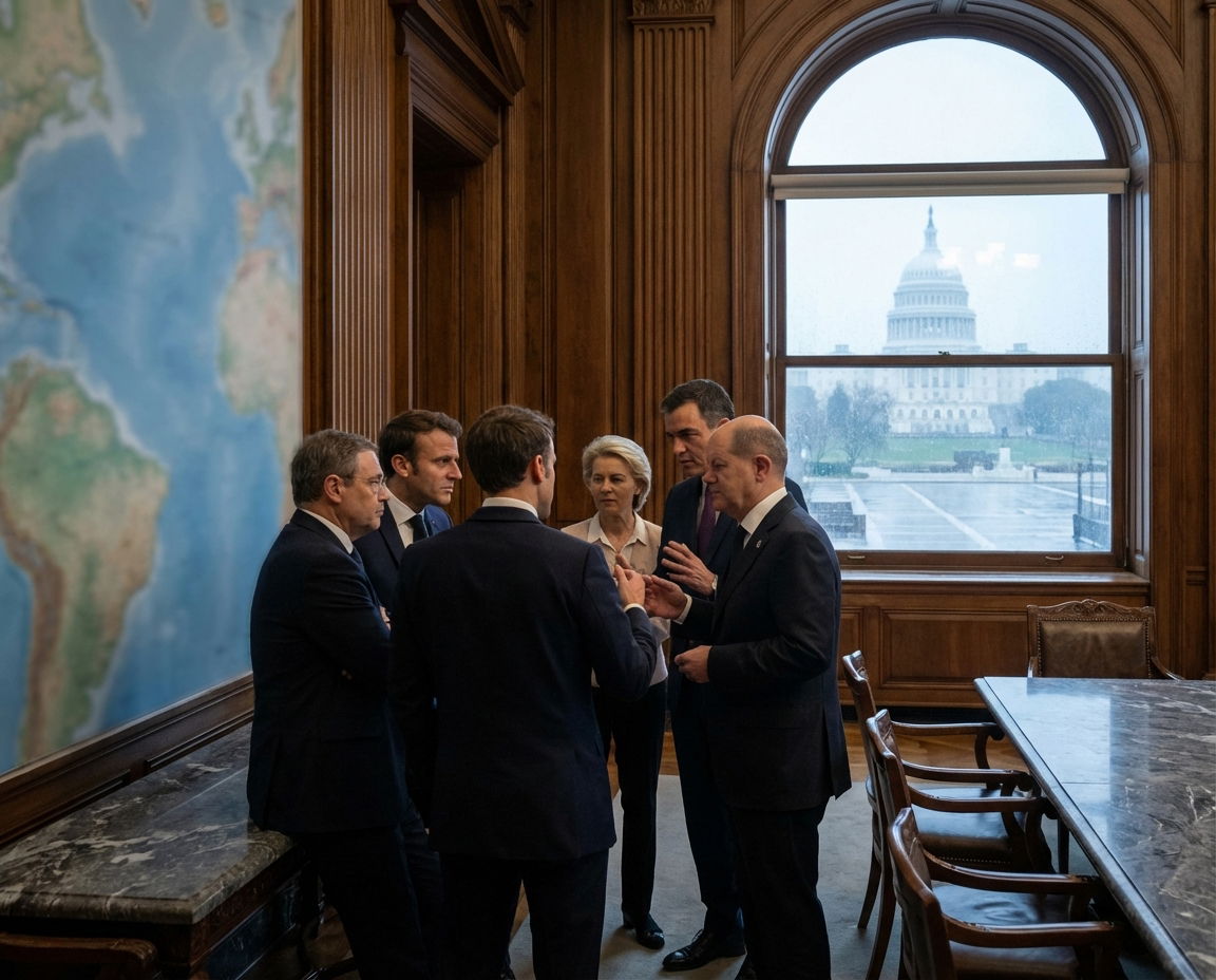 European leaders in discussion with a backdrop symbolising US‑Europe diplomatic strain.