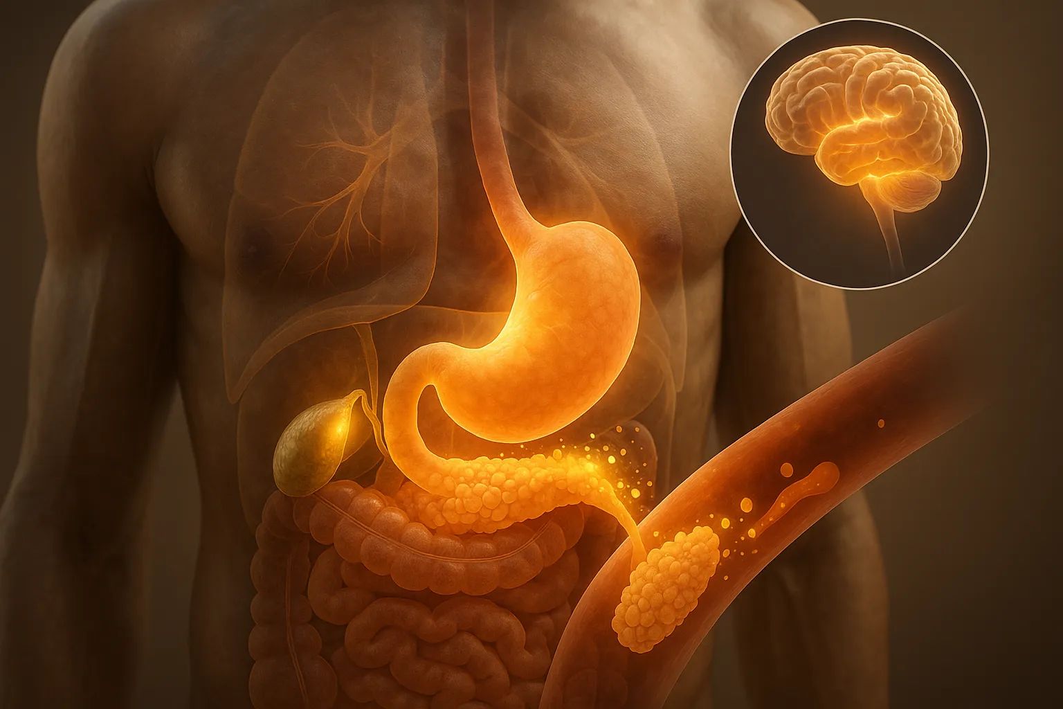 Realistic semi-transparent torso showing stomach, duodenum, gallbladder, pancreas, and inset glowing brain illustrating CCK in digestion and appetite