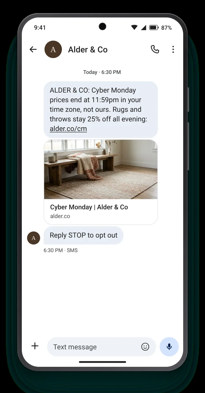 The deadline in local time Cyber Monday text on an Android phone
